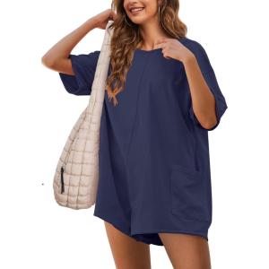 imageYeokou Rompers for Women Casual Short Sleeve Oversized Athletic Workout Reversible Hot Shot Tee Romper Deep PocketsNavy
