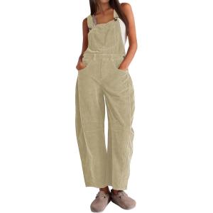imageYeokou Women Corduroy Bib Overalls Fall Barrel Leg Jumpsuits Adjustable Straps Multi Pockets Long Pants RompersBeige