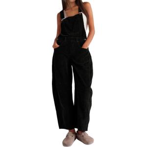 imageYeokou Women Corduroy Bib Overalls Fall Barrel Leg Jumpsuits Adjustable Straps Multi Pockets Long Pants RompersBlack