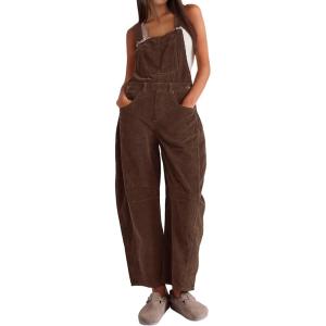 imageYeokou Women Corduroy Bib Overalls Fall Barrel Leg Jumpsuits Adjustable Straps Multi Pockets Long Pants RompersBrown