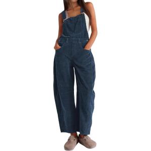 imageYeokou Women Corduroy Bib Overalls Fall Barrel Leg Jumpsuits Adjustable Straps Multi Pockets Long Pants RompersNavy