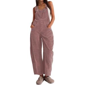 imageYeokou Women Corduroy Bib Overalls Fall Barrel Leg Jumpsuits Adjustable Straps Multi Pockets Long Pants RompersPink