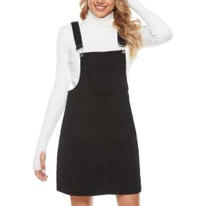 imageYeokou Womens Casual Corduroy Bib Knee Length Overalls Pinafore Midi Dress JumpsuitBlack