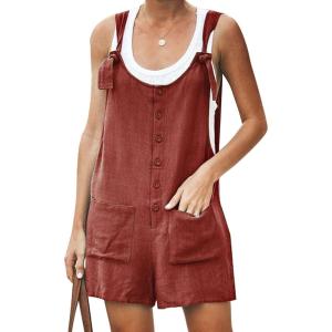 imageYeokou Womens Casual Summer Cotton Linen Rompers Overalls Jumpsuit ShortsRed