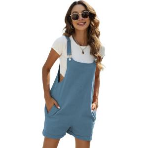 imageYeokou Womens Cotton Linen Short Overalls Casual Summer Bib Shortalls with PocketsBlue