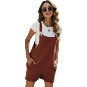 imageYeokou Womens Cotton Linen Short Overalls Casual Summer Bib Shortalls with PocketsRed
