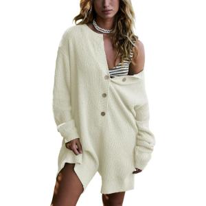 imageYeokou Womens Knit Sweater Rompers Casual Long Sleeve Crewneck Button Down Maternity Shorts JumpsuitsBeige