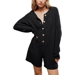 imageYeokou Womens Knit Sweater Rompers Casual Long Sleeve Crewneck Button Down Maternity Shorts JumpsuitsBlack