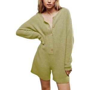 imageYeokou Womens Knit Sweater Rompers Casual Long Sleeve Crewneck Button Down Maternity Shorts JumpsuitsGreen