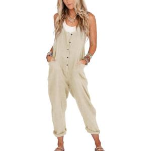 imageYeokou Womens Overalls Linen Cotton Jumpsuits Loose Casual Jumpers with PocketsBeige