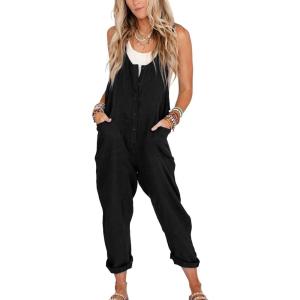imageYeokou Womens Overalls Linen Cotton Jumpsuits Loose Casual Jumpers with PocketsBlack