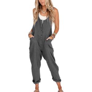 imageYeokou Womens Overalls Linen Cotton Jumpsuits Loose Casual Jumpers with PocketsGrey