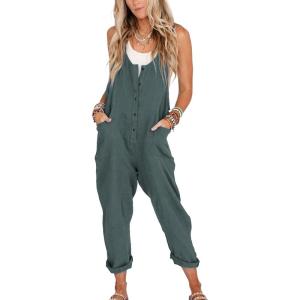 imageYeokou Womens Overalls Linen Cotton Jumpsuits Loose Casual Jumpers with PocketsLakeblue