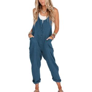 imageYeokou Womens Overalls Linen Cotton Jumpsuits Loose Casual Jumpers with PocketsNavyblue