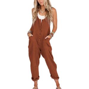 imageYeokou Womens Overalls Linen Cotton Jumpsuits Loose Casual Jumpers with PocketsRust