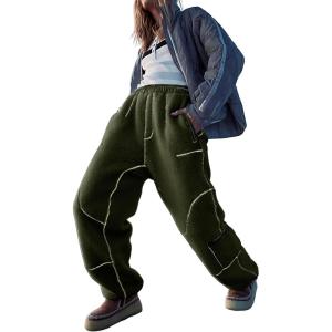 imageYeokou Womens Snow Ski Pants Sherpa Fleece Lined Sweatpants Outdoor Slopes Pockets Relaxed Winter ActivewearArmygreen