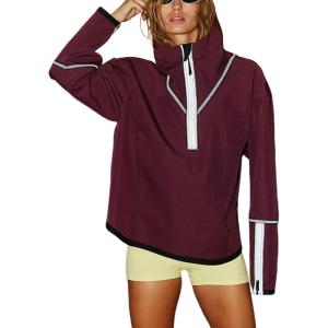 imageYeokou Womens Windbreaker Jacket Outdoors Hiking Reflective Striping Hooded Half Zip Pullover Contrast Pocketed OuterwearWinered