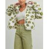 imageYeokou Floral Jacket Women Winter Sherpa Fleece Coat Daisy Jacquard Stand Collar Full Zipper Casual Outwear with PocketsGreen