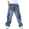 imageYeokou Mens Casual Loose Hip Hop Denim Work Pants Jeans with Cargo PocketsLight Blue