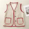 imageYeokou Womens Fleece Sherpa Vest Contrast Trim V Neck Button Down Fall Winter Warm Fuzzy Outwear Vests with PocketsBeige