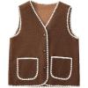 imageYeokou Womens Fleece Sherpa Vest Contrast Trim V Neck Button Down Fall Winter Warm Fuzzy Outwear Vests with PocketsBrown