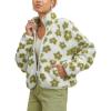imageYeokou Floral Jacket Women Winter Sherpa Fleece Coat Daisy Jacquard Stand Collar Full Zipper Casual Outwear with PocketsGreen