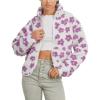 imageYeokou Floral Jacket Women Winter Sherpa Fleece Coat Daisy Jacquard Stand Collar Full Zipper Casual Outwear with PocketsWhite