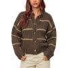 imageYeokou Women Striped Cardigan Sweaters Button Down Crewneck Fall Winter Casual Knit OutfitsCoffee