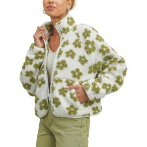imageYeokou Floral Jacket Women Winter Sherpa Fleece Coat Daisy Jacquard Stand Collar Full Zipper Casual Outwear with PocketsGreen