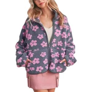 imageYeokou Floral Jacket Women Winter Sherpa Fleece Coat Daisy Jacquard Stand Collar Full Zipper Casual Outwear with PocketsGrey