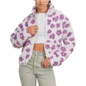 imageYeokou Floral Jacket Women Winter Sherpa Fleece Coat Daisy Jacquard Stand Collar Full Zipper Casual Outwear with PocketsWhite