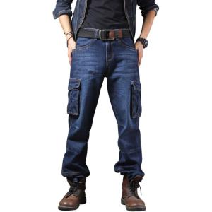 imageYeokou Mens Casual Loose Hip Hop Denim Work Pants Jeans with Cargo PocketsDark Blue