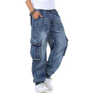 imageYeokou Mens Casual Loose Hip Hop Denim Work Pants Jeans with Cargo PocketsLight Blue