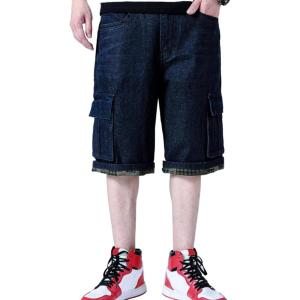 imageYeokou Mens Loose Hip Hop Cropped Jeans Work Denim Shorts with Cargo PocketsStyle14 Blackblue