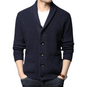 imageYeokou Mens Shawl Collar Cardigans Slim Fit Button Cable Knit Black Sweater Pockets2 Blue