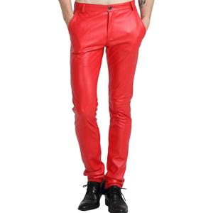 imageYeokou Mens Skinny Straight Leg Tapered Pu Faux Leather Motorcycle Biker PantsRed