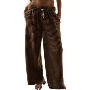 imageYeokou Women Brushed Ribbed Knit Pants Casual Wide Leg Pants Lounge Elastic Waist Pajama TrousersBrown