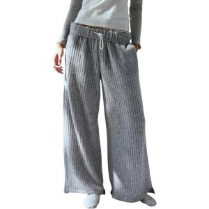 imageYeokou Women Brushed Ribbed Knit Pants Casual Wide Leg Pants Lounge Elastic Waist Pajama TrousersGrey