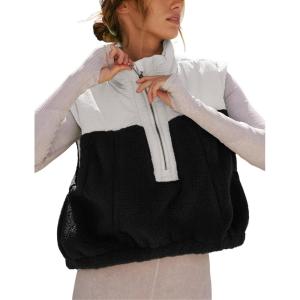 imageYeokou Women Fleece Sherpa Vest Cropped Half Zip Sleeveless Warm Fuzzy Contrast Color Outwear Vest Kangaroo PocketBlack