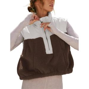 imageYeokou Women Fleece Sherpa Vest Cropped Half Zip Sleeveless Warm Fuzzy Contrast Color Outwear Vest Kangaroo PocketBrown