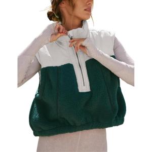imageYeokou Women Fleece Sherpa Vest Cropped Half Zip Sleeveless Warm Fuzzy Contrast Color Outwear Vest Kangaroo PocketDarkgreen