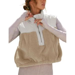 imageYeokou Women Fleece Sherpa Vest Cropped Half Zip Sleeveless Warm Fuzzy Contrast Color Outwear Vest Kangaroo PocketKhaki