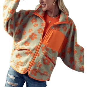 imageYeokou Women Floral Jacket Winter Sherpa Fleece Coat Daisy Jacquard Stand Collar Full ZipUp Pockets Warm Lining OutwearOrange