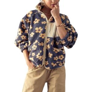 imageYeokou Women Floral Jacket Winter Sherpa Fleece Coat Daisy Jacquard Stand Collar Full ZipUp Pockets Warm Lining OutwearYellow