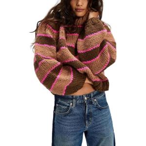 imageYeokou Women Stripe Pullover Sweater Turtleneck Ribbed Knit Top Casual Fall Winter KnitwearBrown
