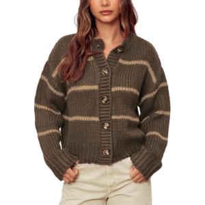 imageYeokou Women Striped Cardigan Sweaters Button Down Crewneck Fall Winter Casual Knit OutfitsCoffee