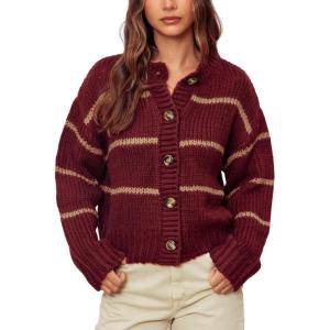 imageYeokou Women Striped Cardigan Sweaters Button Down Crewneck Fall Winter Casual Knit OutfitsRed