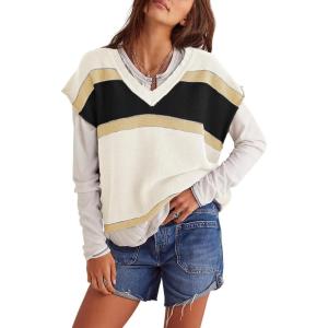 imageYeokou Women Sweater Vest Color Block Striped V Neck Sleeveless Casual Knit Tank Spring Pullover KnitwearBlack