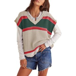imageYeokou Women Sweater Vest Color Block Striped V Neck Sleeveless Casual Knit Tank Spring Pullover KnitwearGreen