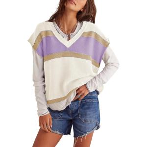 imageYeokou Women Sweater Vest Color Block Striped V Neck Sleeveless Casual Knit Tank Spring Pullover KnitwearPurple